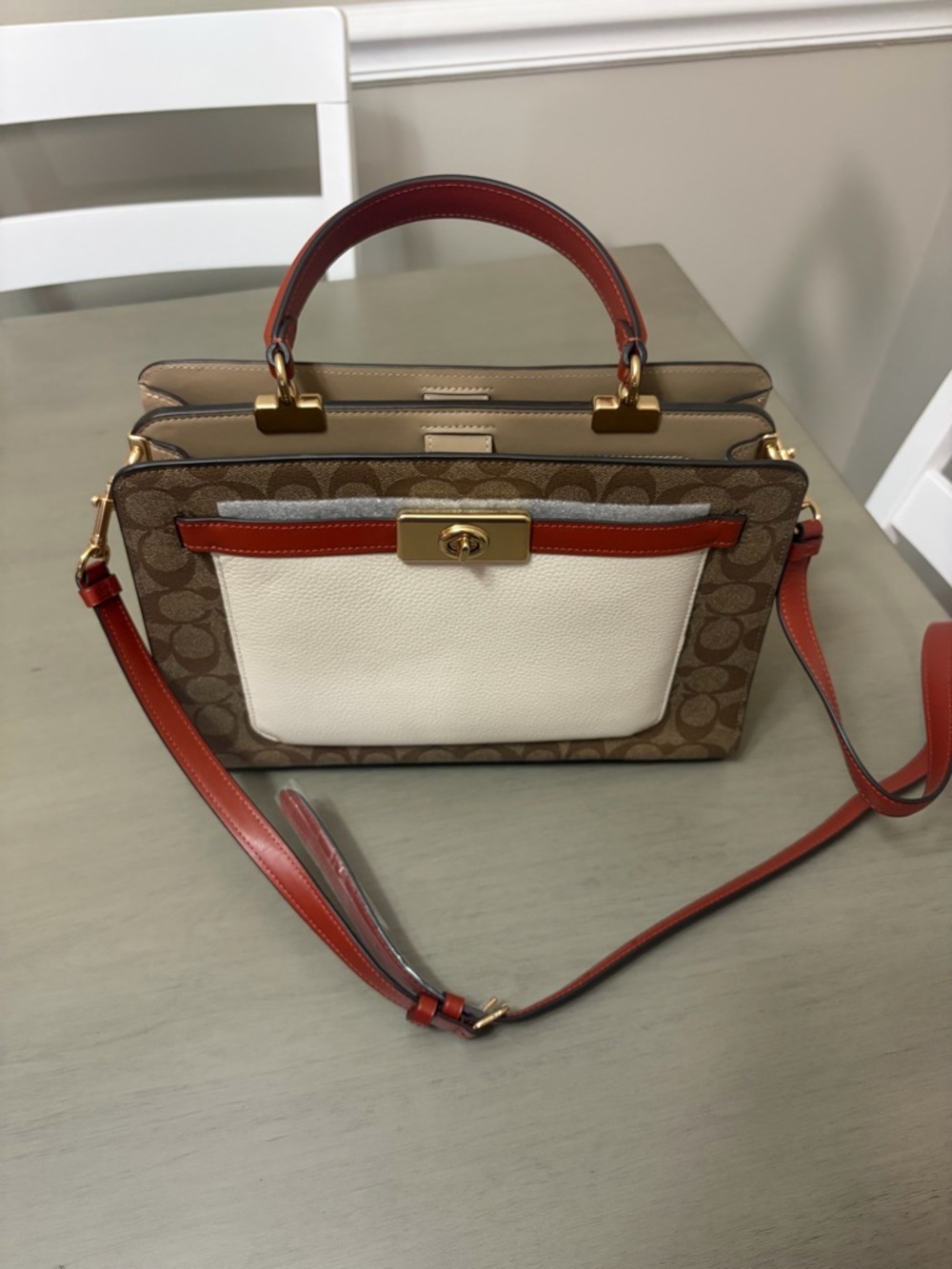Coach Brown Signature Canvas Satchel with Cream Front Pocket and Red-Orange Trim